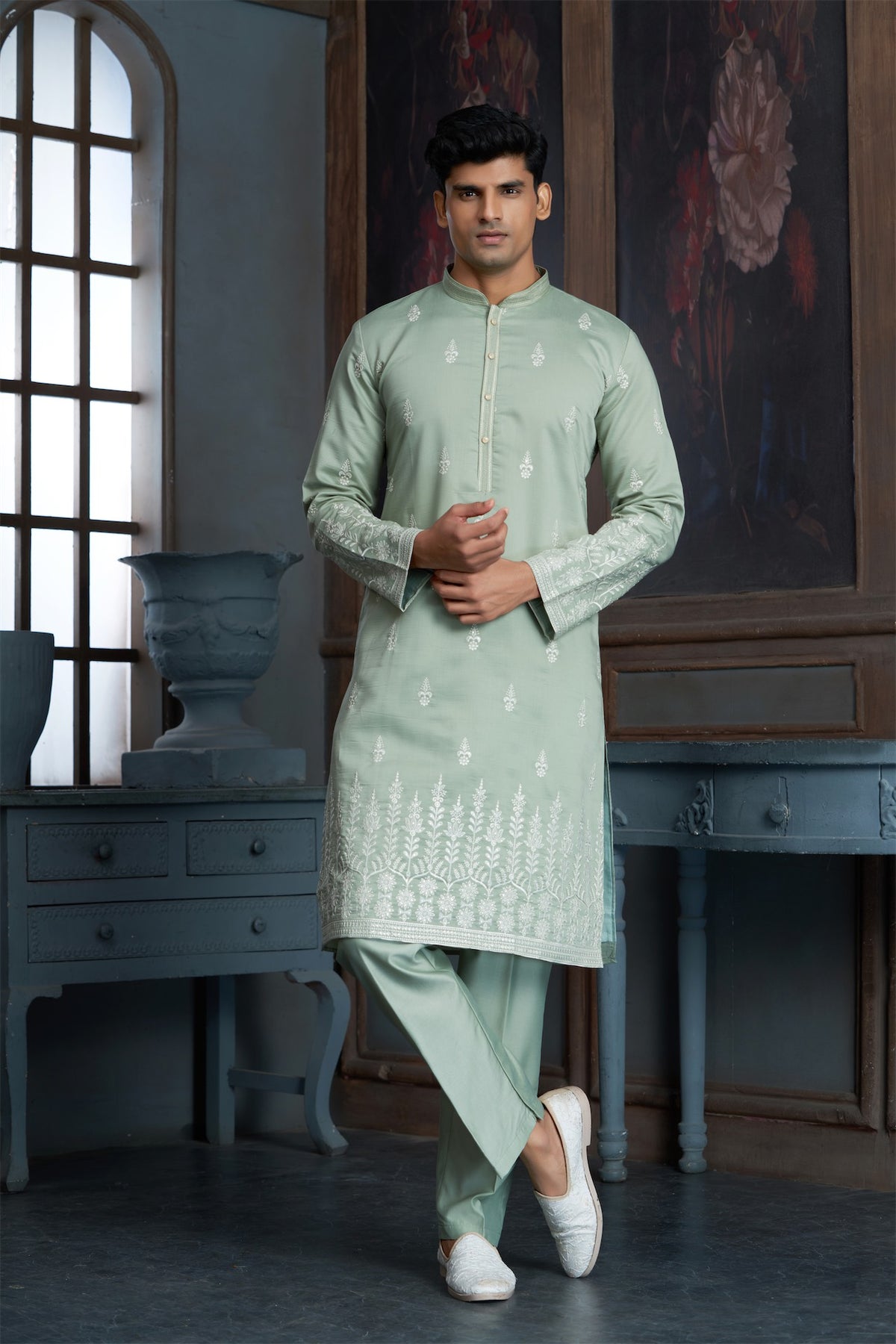 Pista Green cotton Kurta Pyjama with Thread Embroidery and Motifs