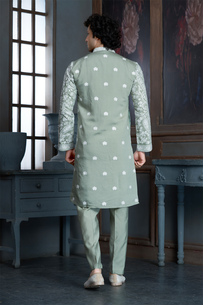 Pista Green Chanderi Heavy Embroidery Kurta Set