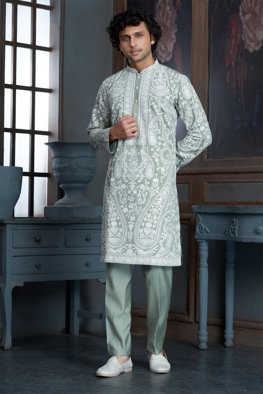 Pista Green Chanderi Heavy Embroidery Kurta Set