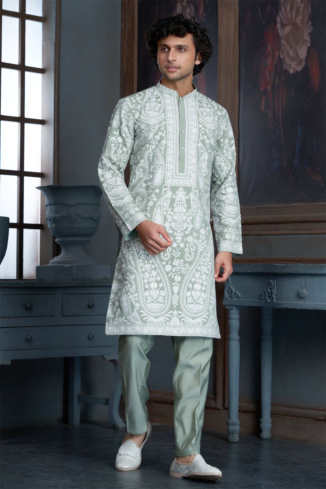Pista Green Chanderi Heavy Embroidery Kurta Set