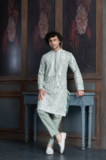 Pista Green Chanderi Heavy Embroidery Kurta Set