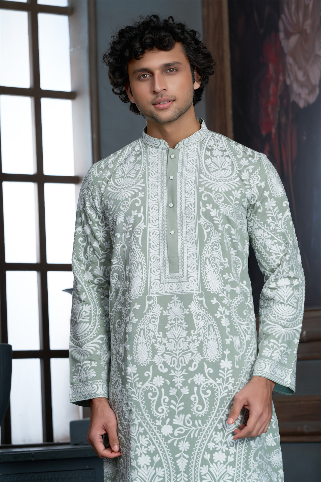 Pista Green Chanderi Heavy Embroidery Kurta Set