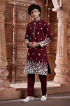 Maroon cotton Kurta Pyjama with Thread Embroidery and Motifs