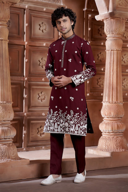 Maroon cotton Kurta Pyjama with Thread Embroidery and Motifs