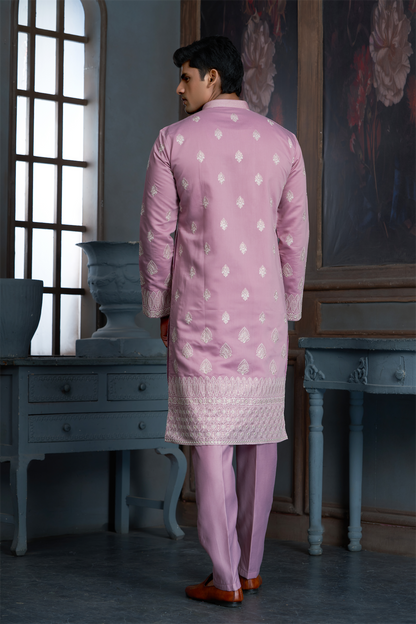 Onion Pink Chanderi Daman Embroidery Kurta Pyjama with All over Buta