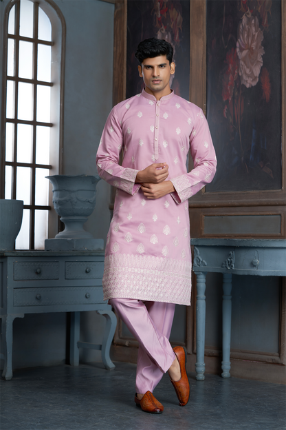 Onion Pink Chanderi Daman Embroidery Kurta Pyjama with All over Buta