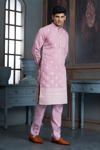 Onion Pink Chanderi Daman Embroidery Kurta Pyjama with All over Buta