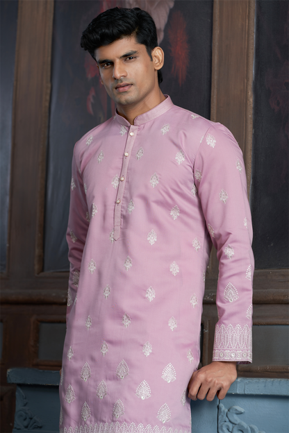 Onion Pink Chanderi Daman Embroidery Kurta Pyjama with All over Buta