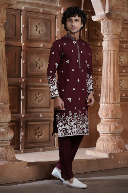 Maroon cotton Kurta Pyjama with Thread Embroidery and Motifs