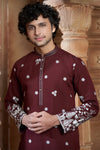 Maroon cotton Kurta Pyjama with Thread Embroidery and Motifs