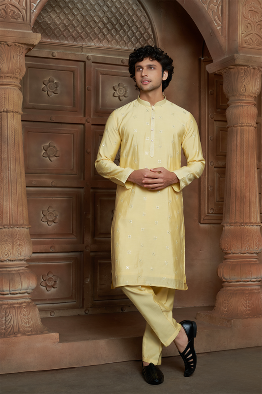 Lemon Yellow Chanderi Kurta Pyjama with all Over Buta