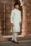 Beige cotton Kurta Pyjama with Thread Embroidery and Motifs