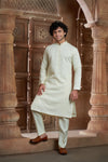 Beige cotton Kurta Pyjama with Thread Embroidery and Motifs