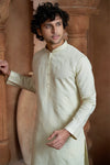 Beige cotton Kurta Pyjama with Thread Embroidery and Motifs