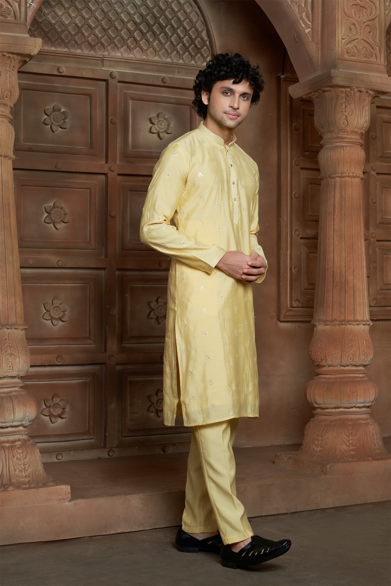Lemon Yellow Chanderi Kurta Pyjama with all Over Buta