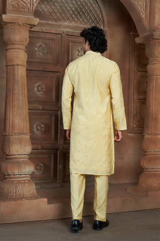 Lemon Yellow Chanderi Kurta Pyjama with all Over Buta