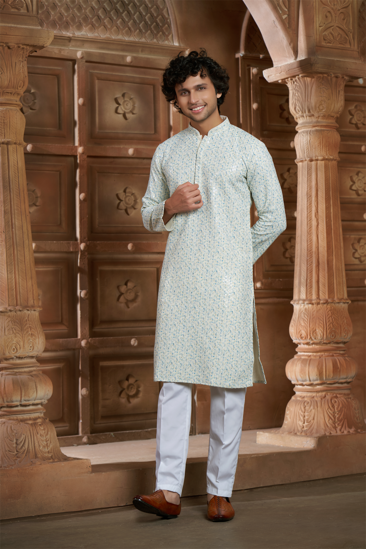 Cream Rayon Printed Kurta Pyjama