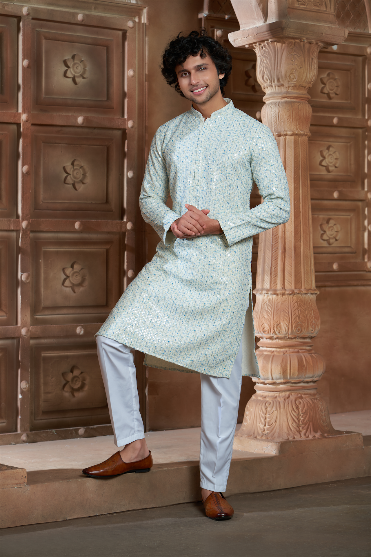 Cream Rayon Printed Kurta Pyjama