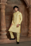 Lemon Yellow Chanderi Kurta Pyjama with all Over Buta