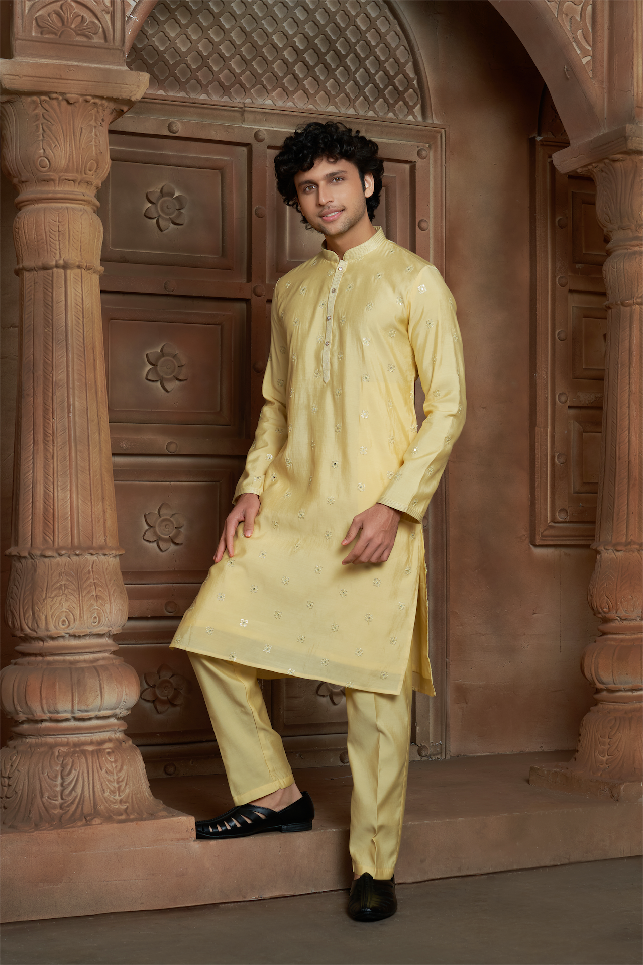 Lemon Yellow Chanderi Kurta Pyjama with all Over Buta