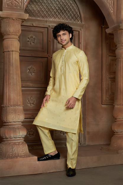 Lemon Yellow Chanderi Kurta Pyjama with all Over Buta