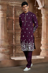 Wine cotton  Kurta Pyjama with Thread Embroidery and Motifs