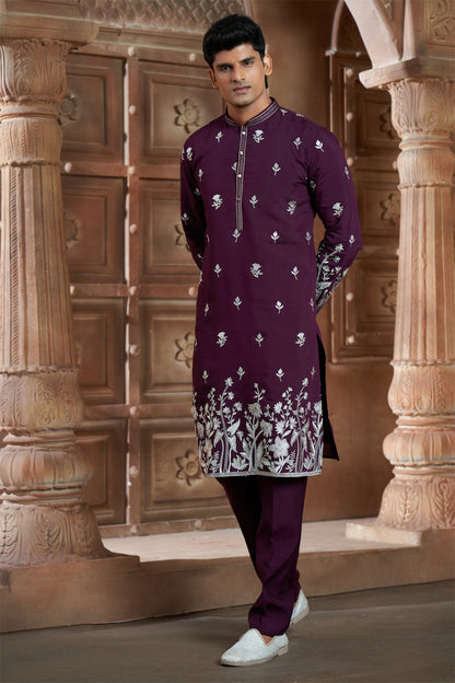 Wine cotton  Kurta Pyjama with Thread Embroidery and Motifs