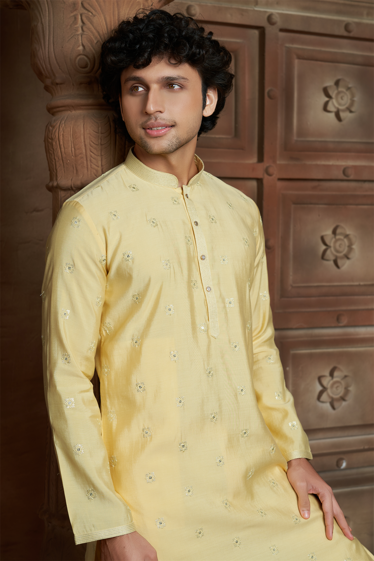 Lemon Yellow Chanderi Kurta Pyjama with all Over Buta