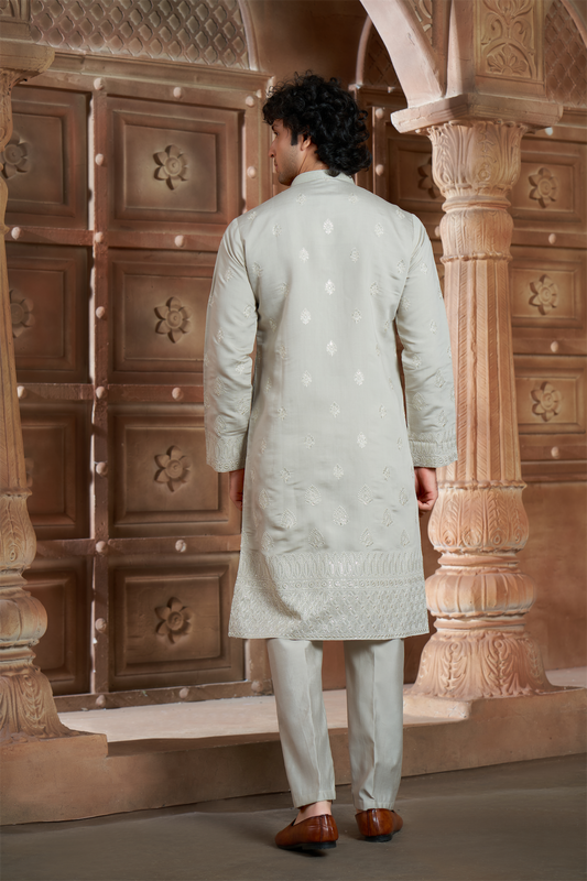 Beige Chanderi Daman Embroidery Kurta Pyjama with All over Buta
