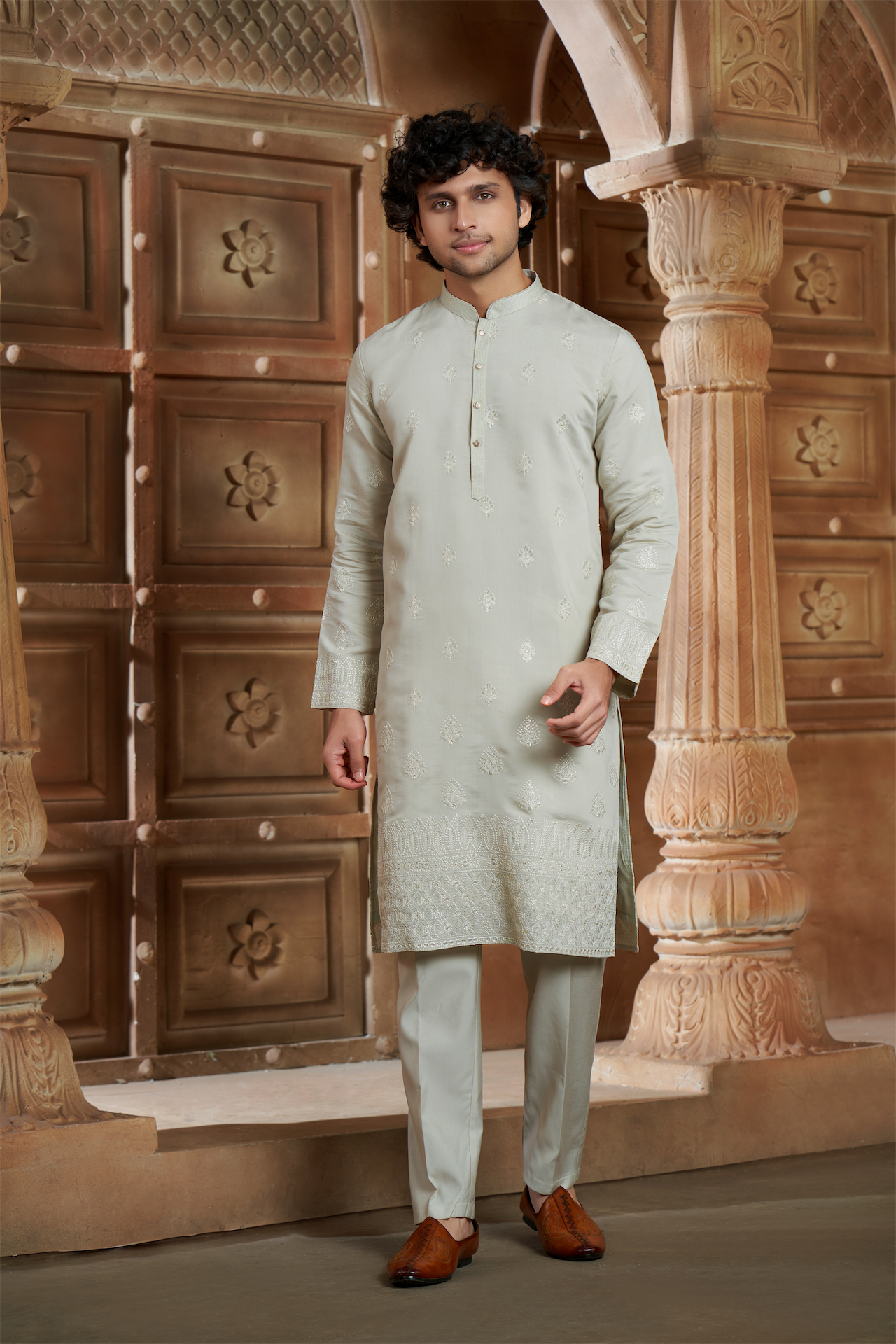 Beige Chanderi Daman Embroidery Kurta Pyjama with All over Buta