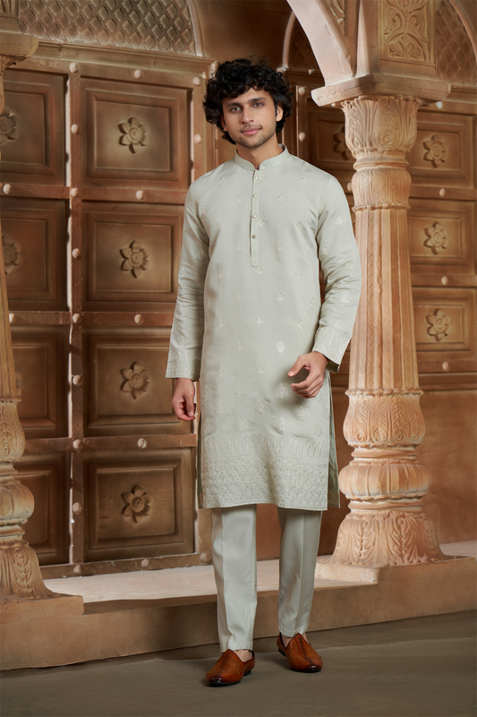 Beige Chanderi Daman Embroidery Kurta Pyjama with All over Buta