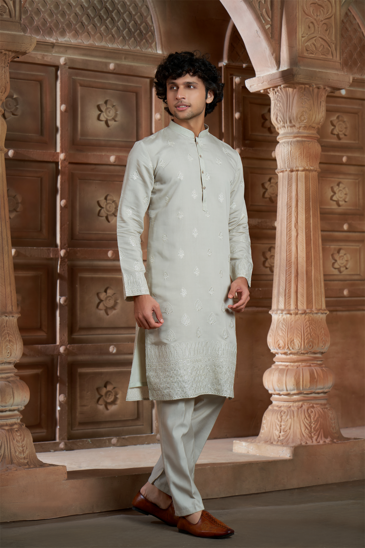 Beige Chanderi Daman Embroidery Kurta Pyjama with All over Buta