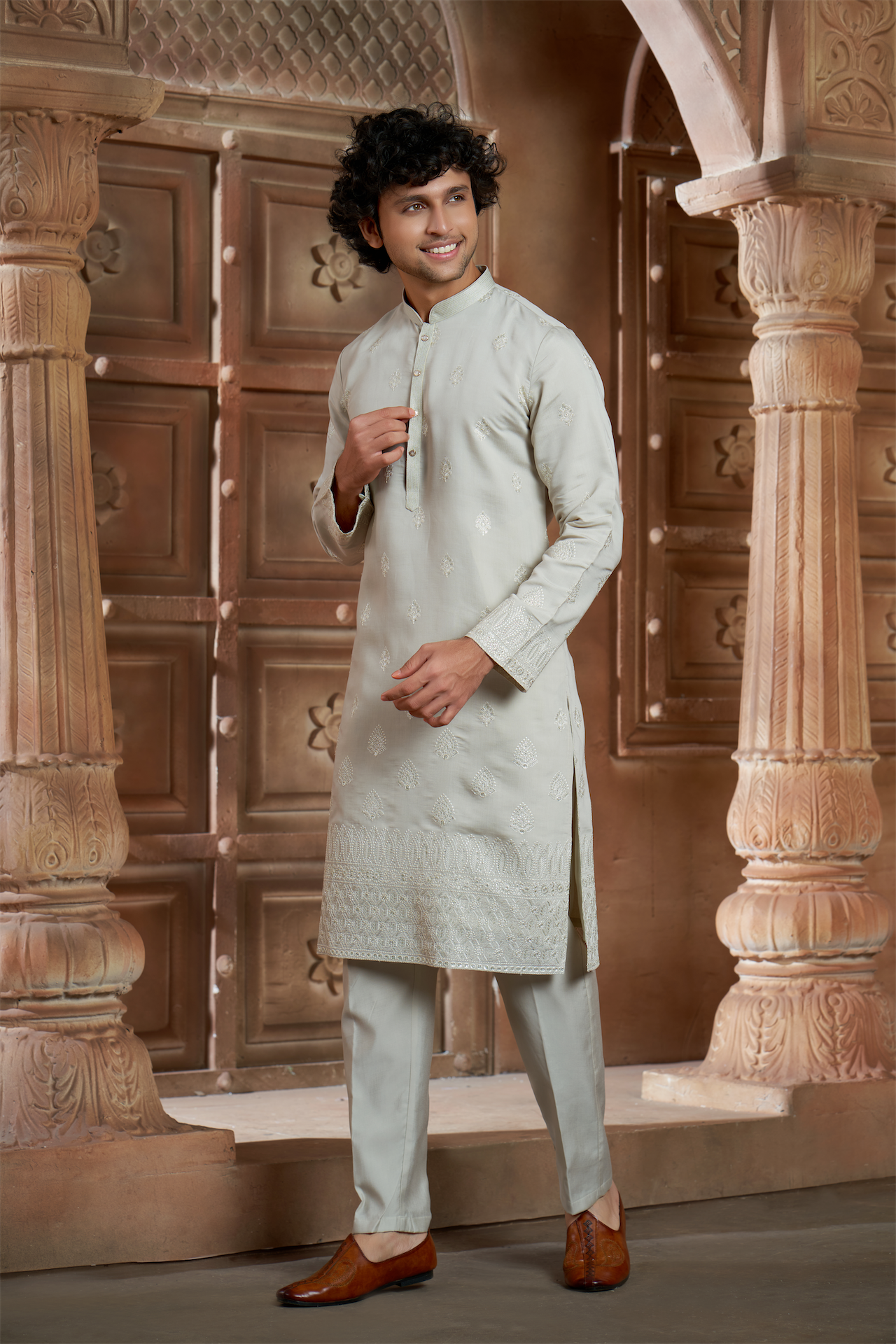Beige Chanderi Daman Embroidery Kurta Pyjama with All over Buta