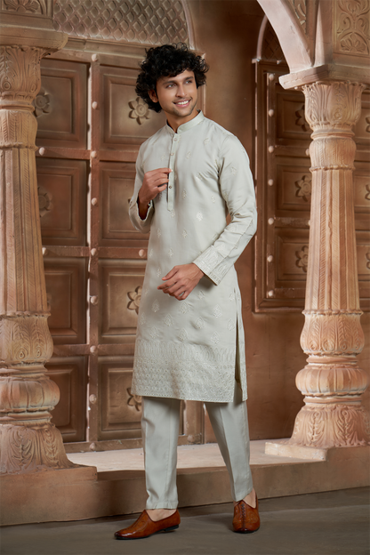Beige Chanderi Daman Embroidery Kurta Pyjama with All over Buta