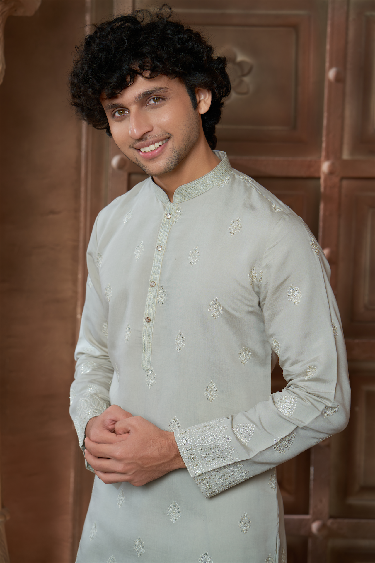 Beige Chanderi Daman Embroidery Kurta Pyjama with All over Buta