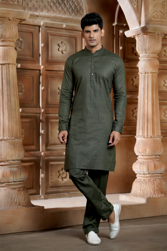 Olive Green Pure Cotton Kurta with Matching Bottom