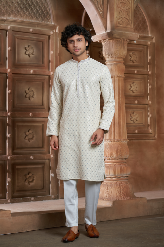 Cream Rayon Printed Kurta Pyjama