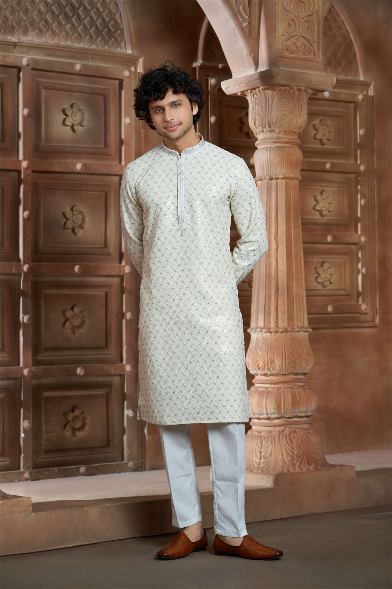 Cream Rayon Printed Kurta Pyjama