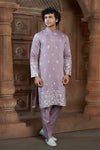 Lavender cotton  Kurta Pyjama with Thread Embroidery and Motifs