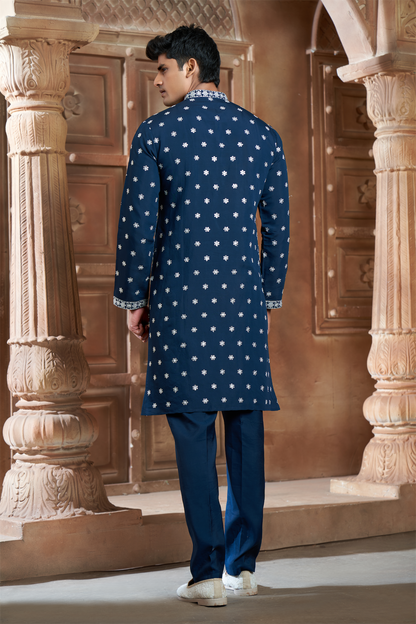 Teal Blue Chanderi Heavy Embroidery Kurta Set with Mirror Work