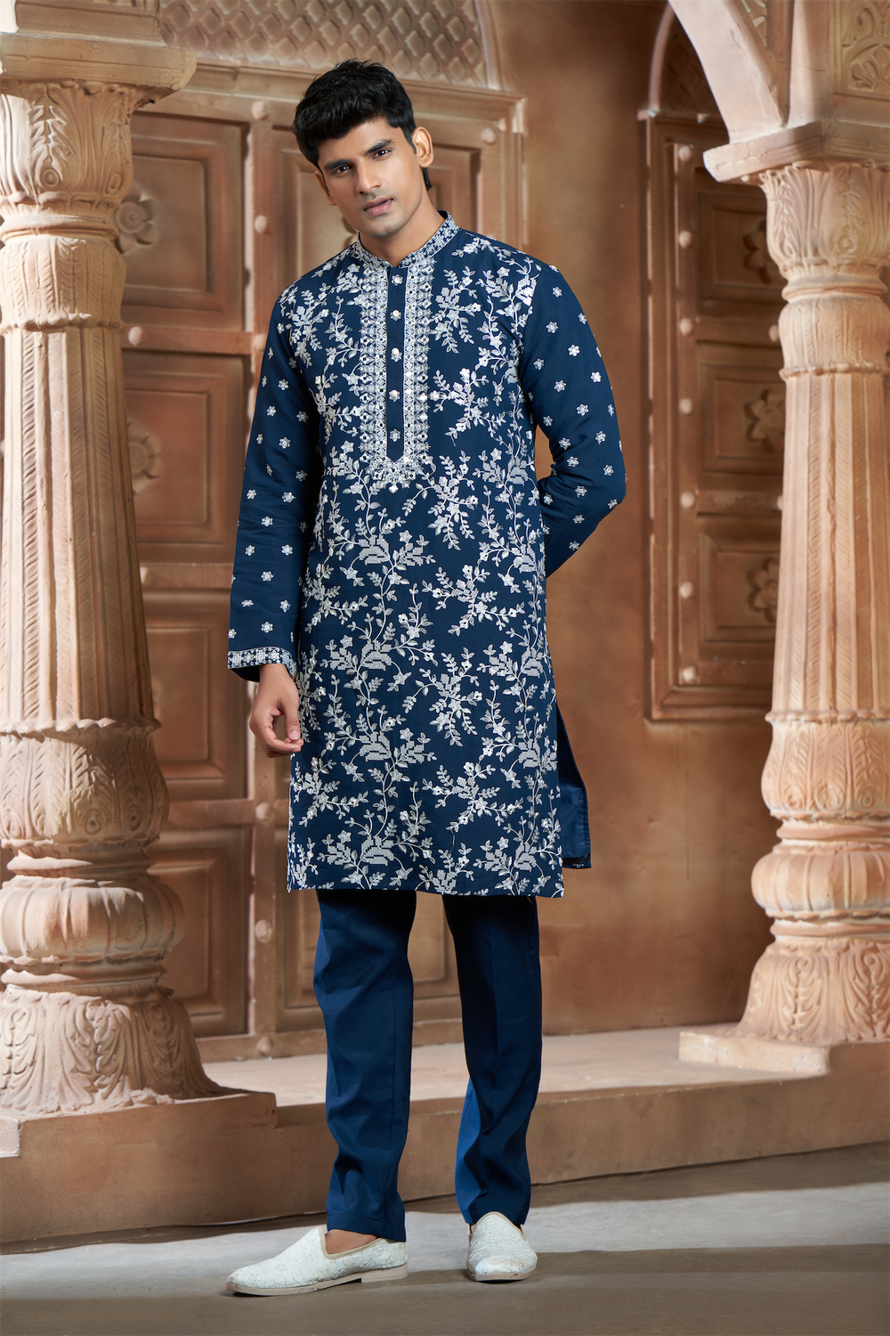 Teal Blue Chanderi Heavy Embroidery Kurta Set with Mirror Work