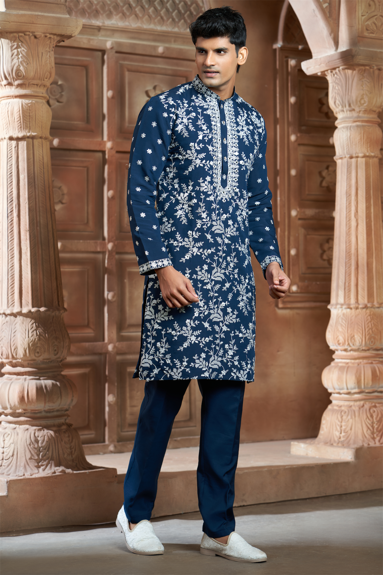 Teal Blue Chanderi Heavy Embroidery Kurta Set with Mirror Work
