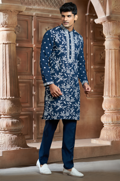 Teal Blue Chanderi Heavy Embroidery Kurta Set with Mirror Work