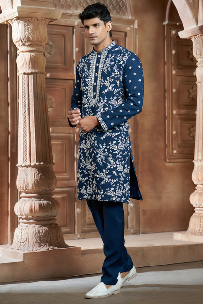 Teal Blue Chanderi Heavy Embroidery Kurta Set with Mirror Work