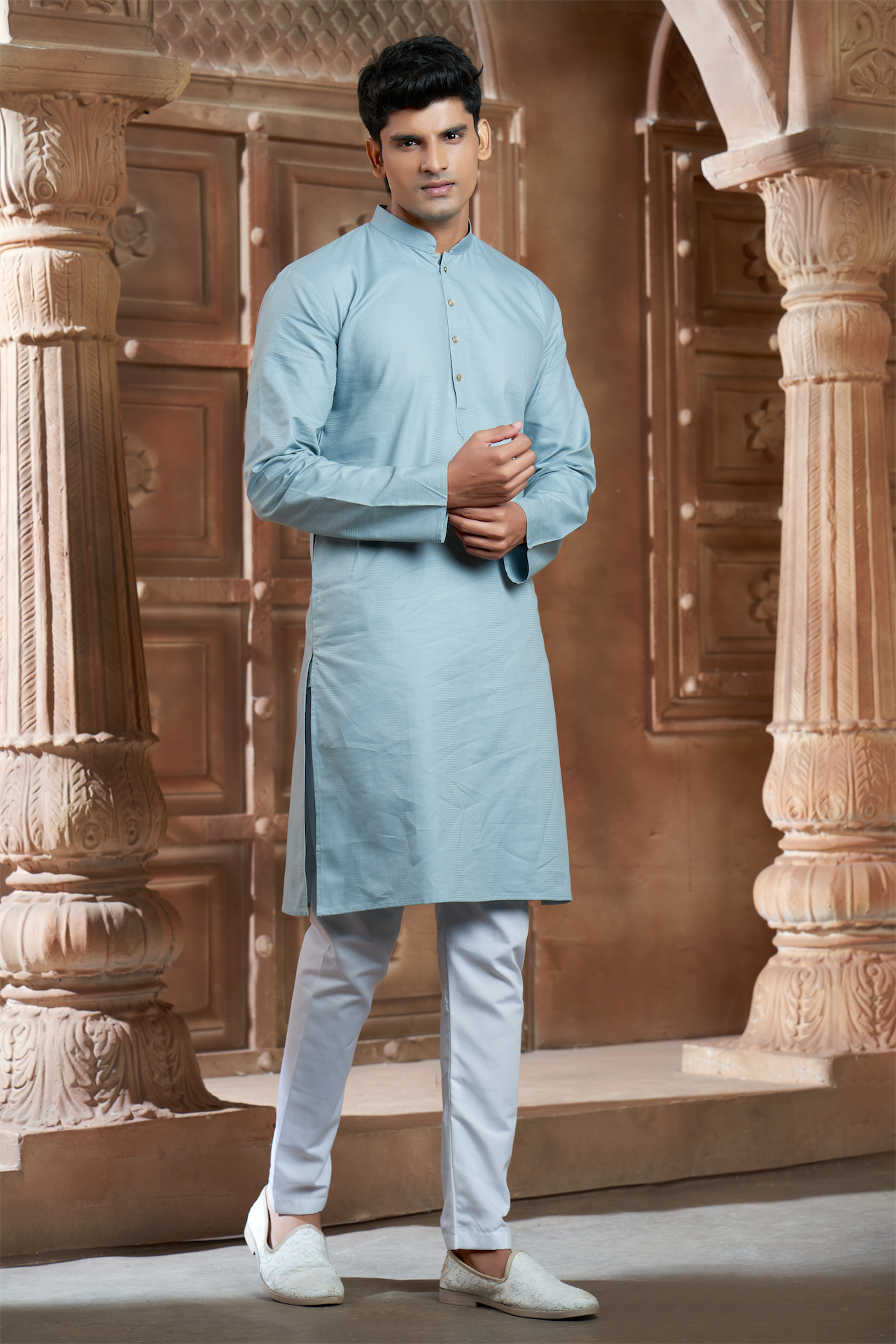 Mint Pure Cotton Self Jaquard Kurta Pyjama