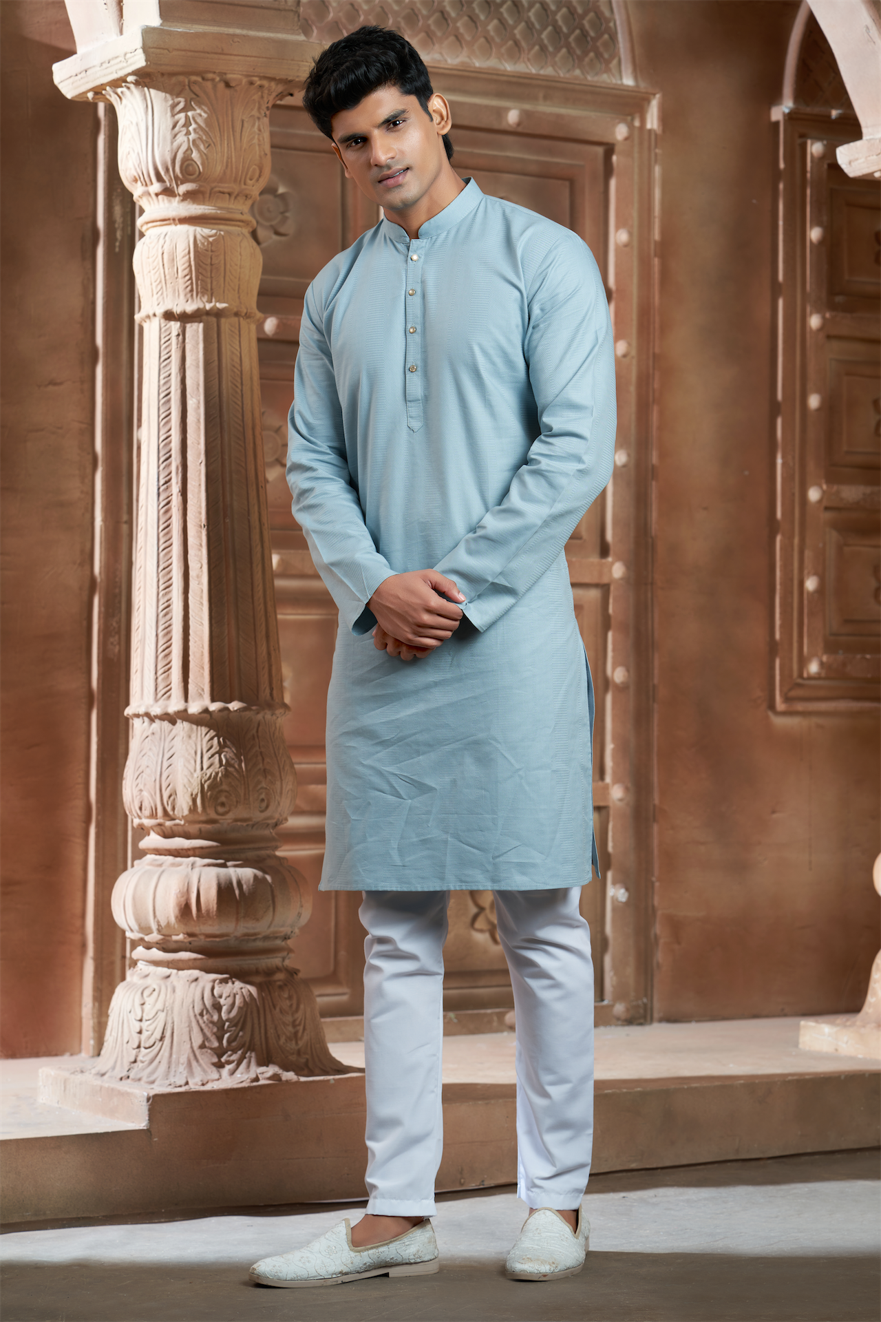 Mint Pure Cotton Self Jaquard Kurta Pyjama