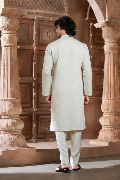 Lemon Yellow cotton Kurta Pyjama with Thread Embroidery and Motifs