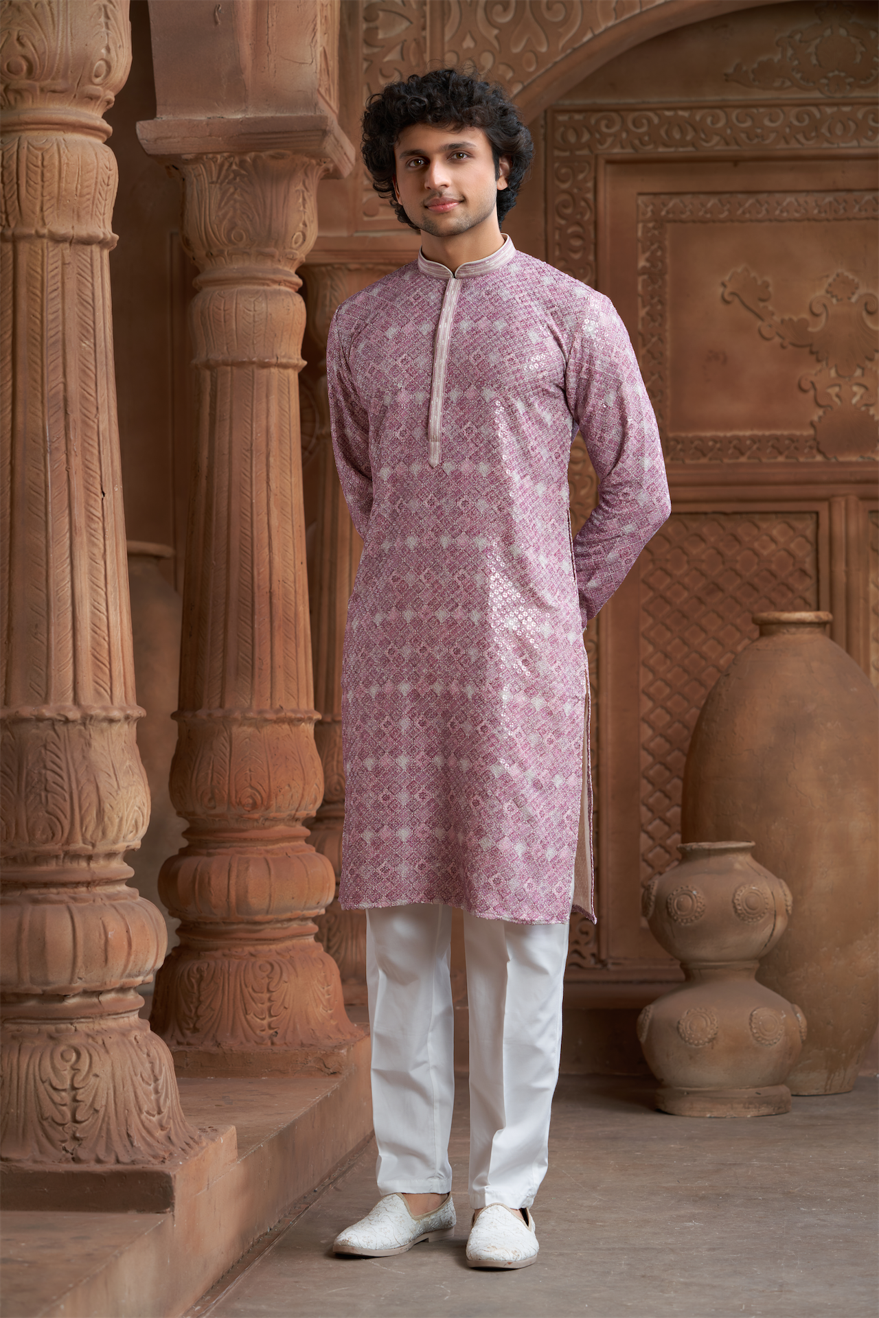 Onion Pink Rayon Printed Kurta Pyjama