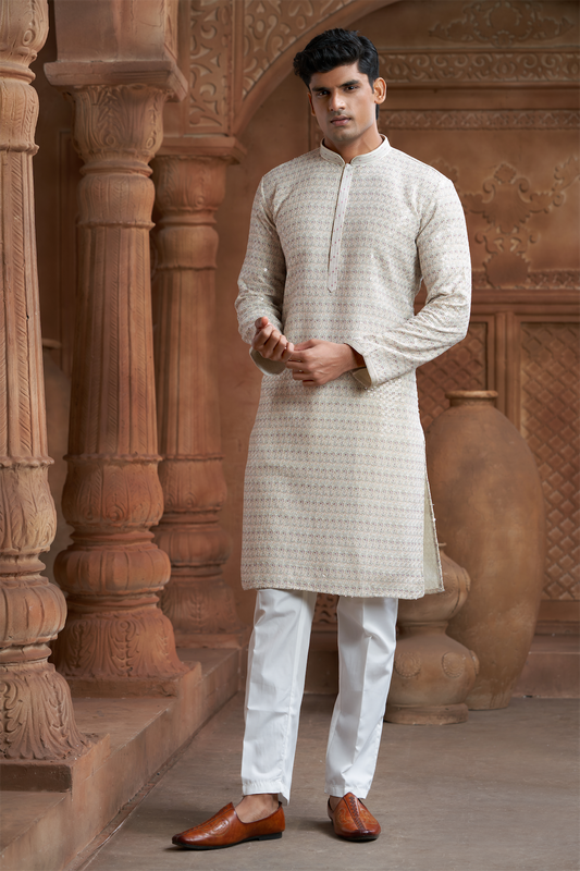 Cream Rayon Printed Kurta Pyjama