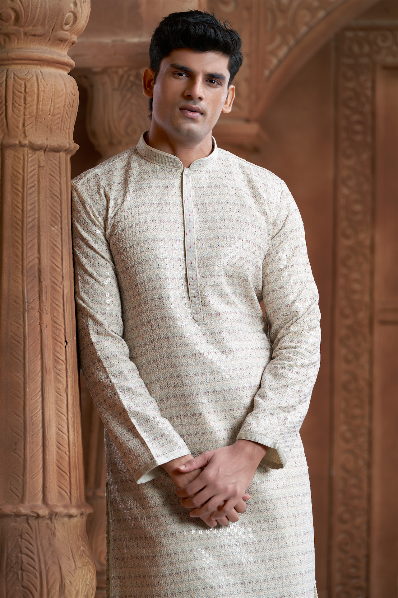 Cream Rayon Printed Kurta Pyjama